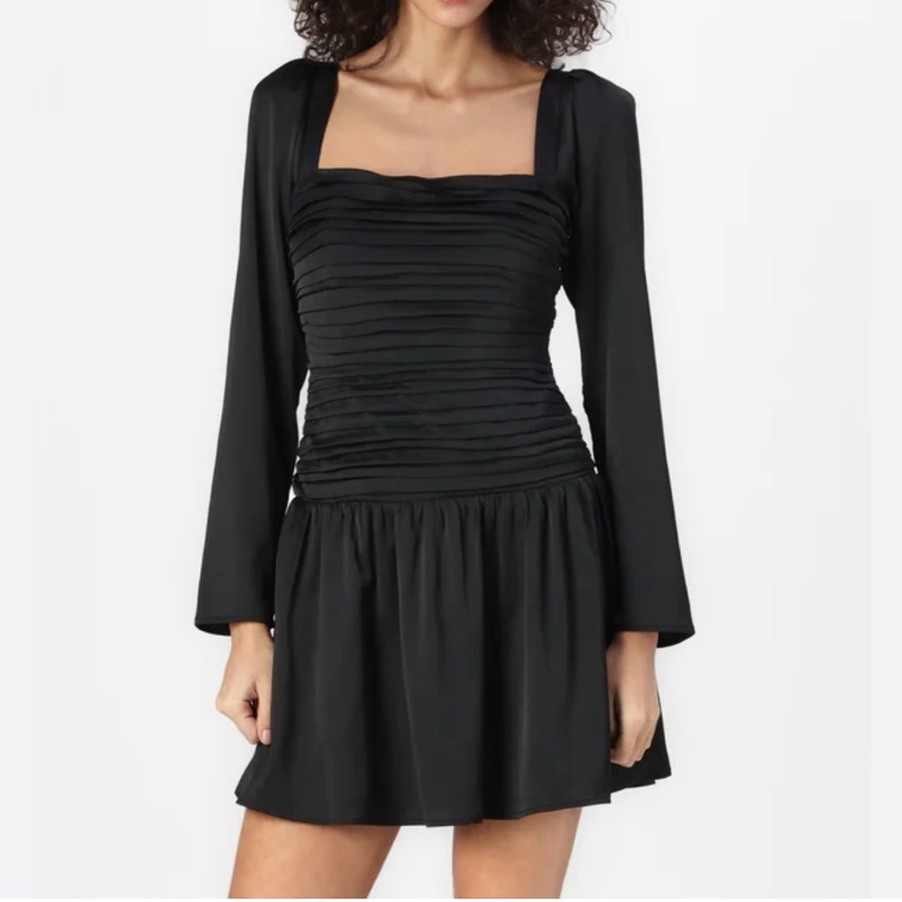 NEW Abercrombie The Emerson Drop-Waist Mini Dress - M Tall, Black Satin